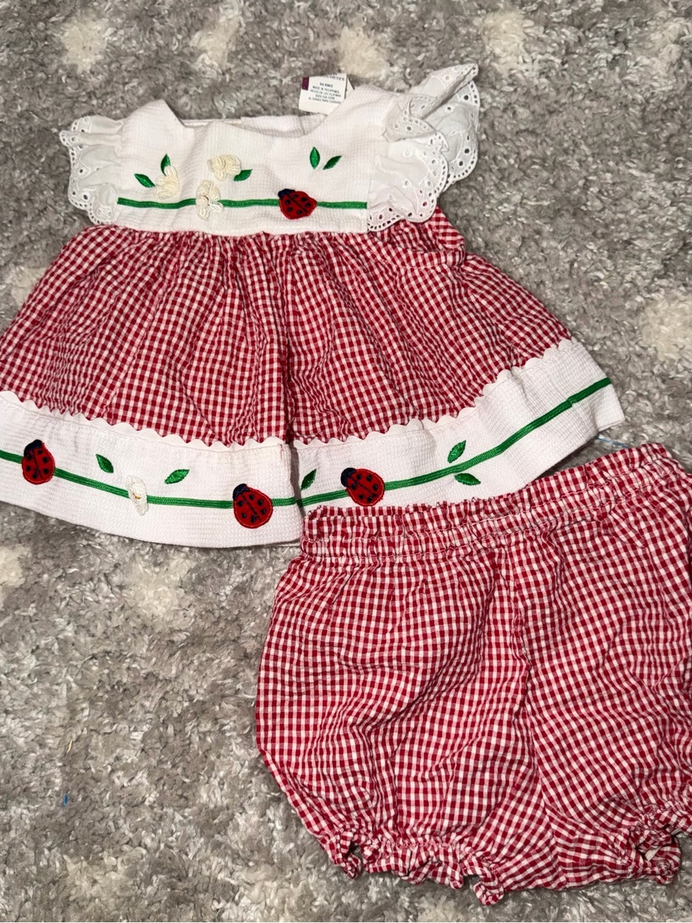 Little Bitty Girl Red Gingham Dress & Bloomers with Ladybug Trim 3-6M Vintage